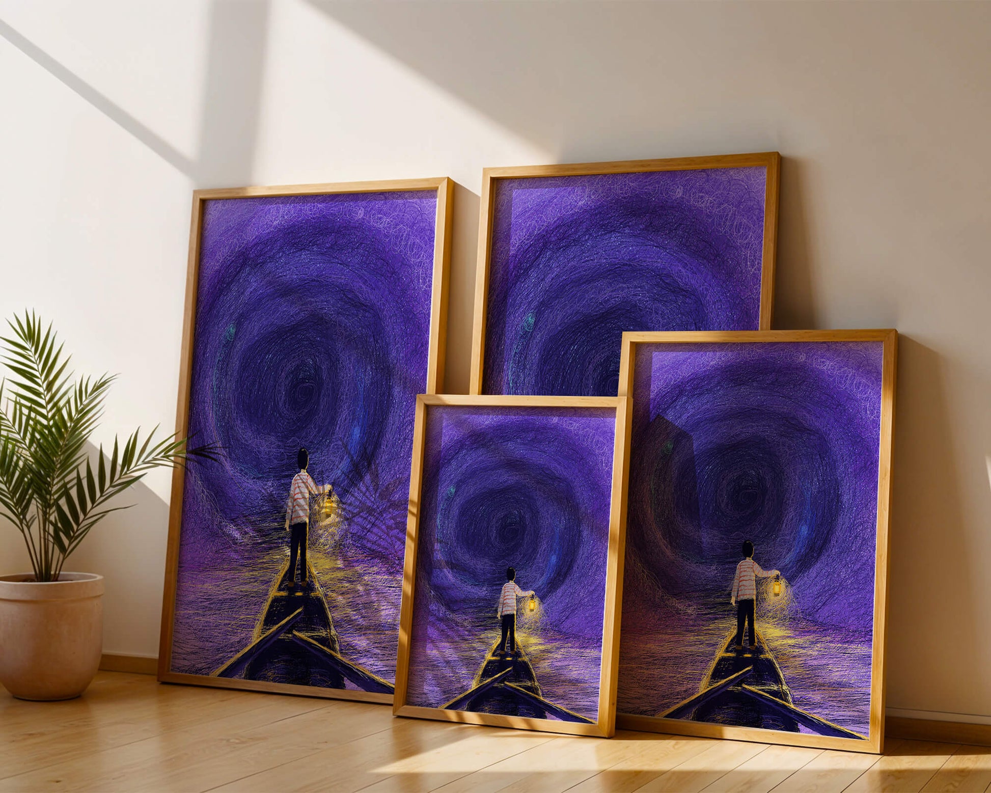 A boy holding a lantern on a boat in a swirling purple vortex