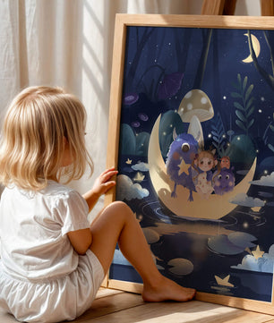 Escena nocturna onírica con un niño y monstruos amigables sobre una luna creciente