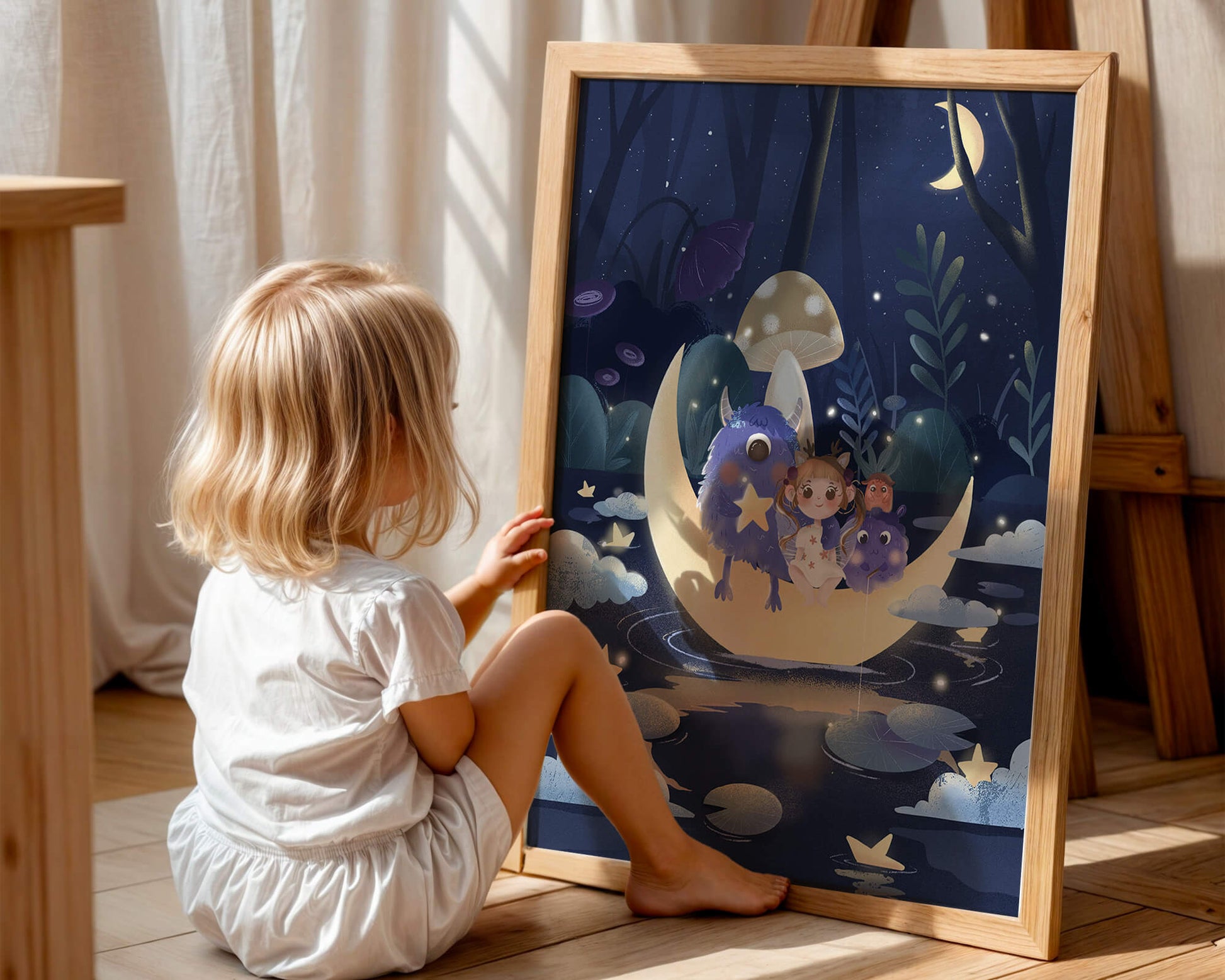 Dreamy night scene with a child and friendly monsters on a crescent moon
