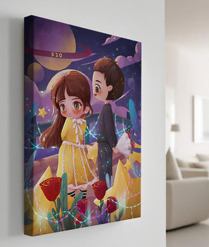 Ilustración de pareja romántica con estrellas y rosas en un entorno nocturno mágico