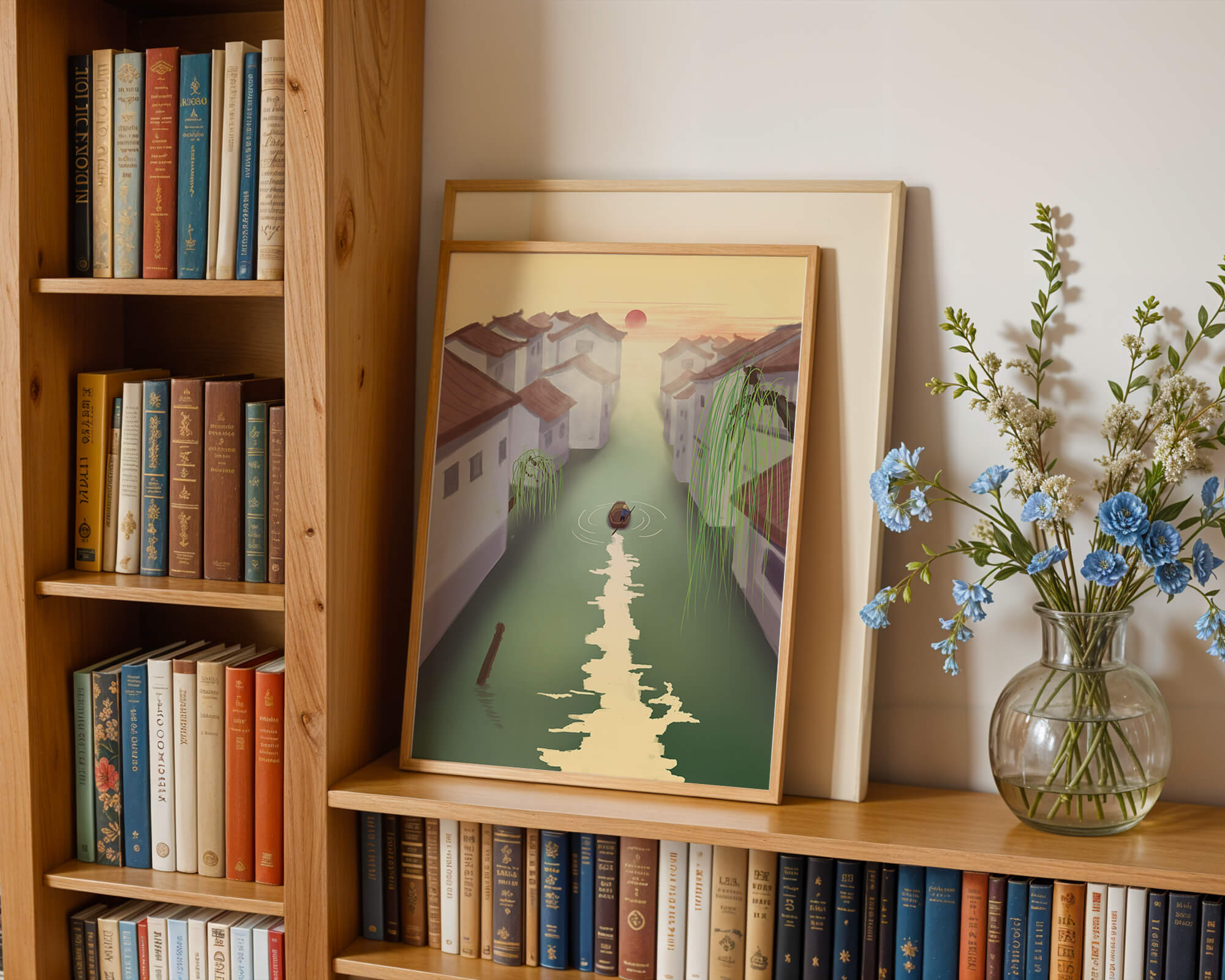 Tranquil river scene with traditional architecture and sunset