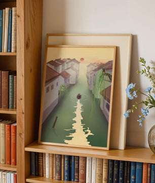 Escena de río tranquilo con arquitectura tradicional y atardecer