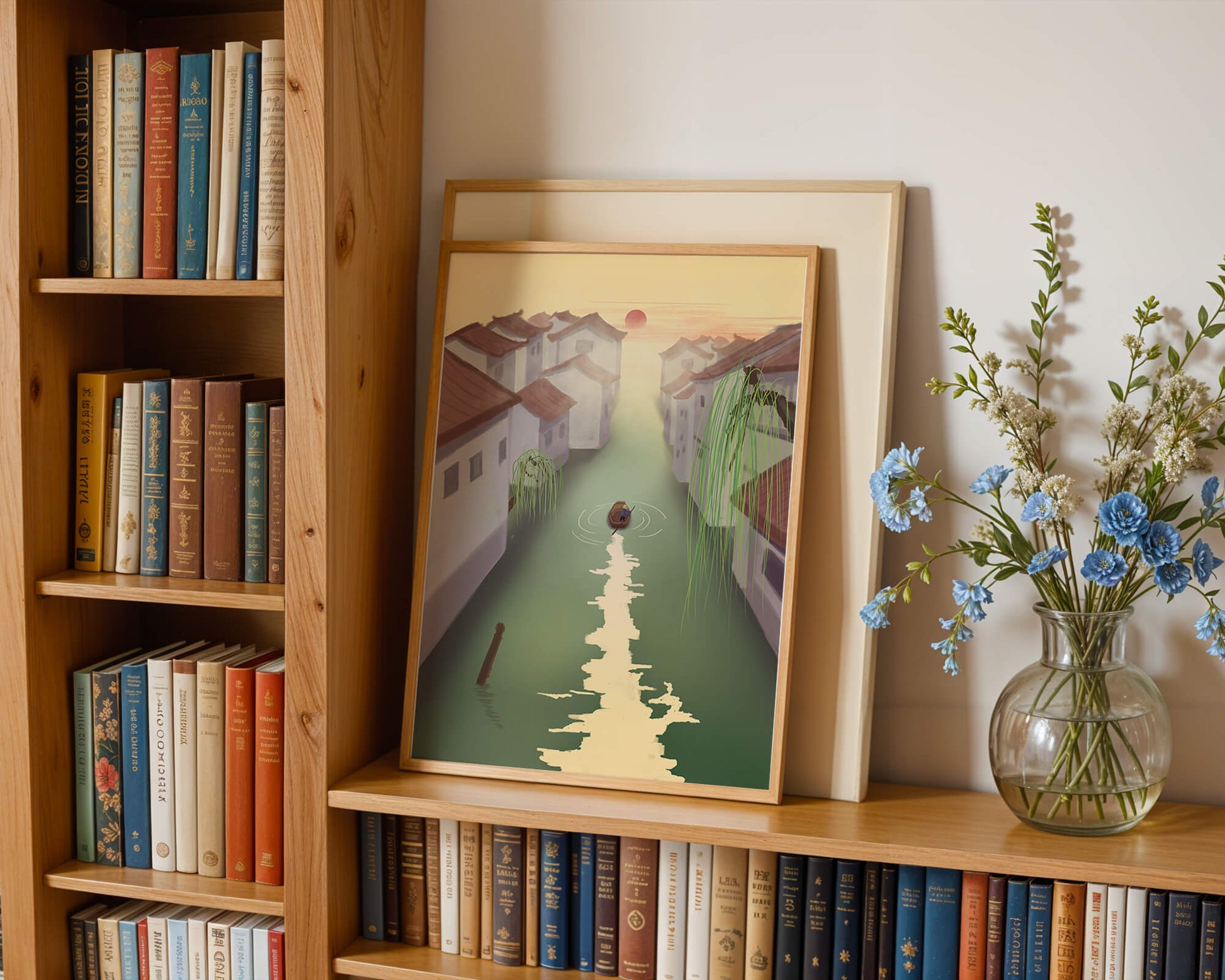 Tranquil river scene with traditional architecture and sunset