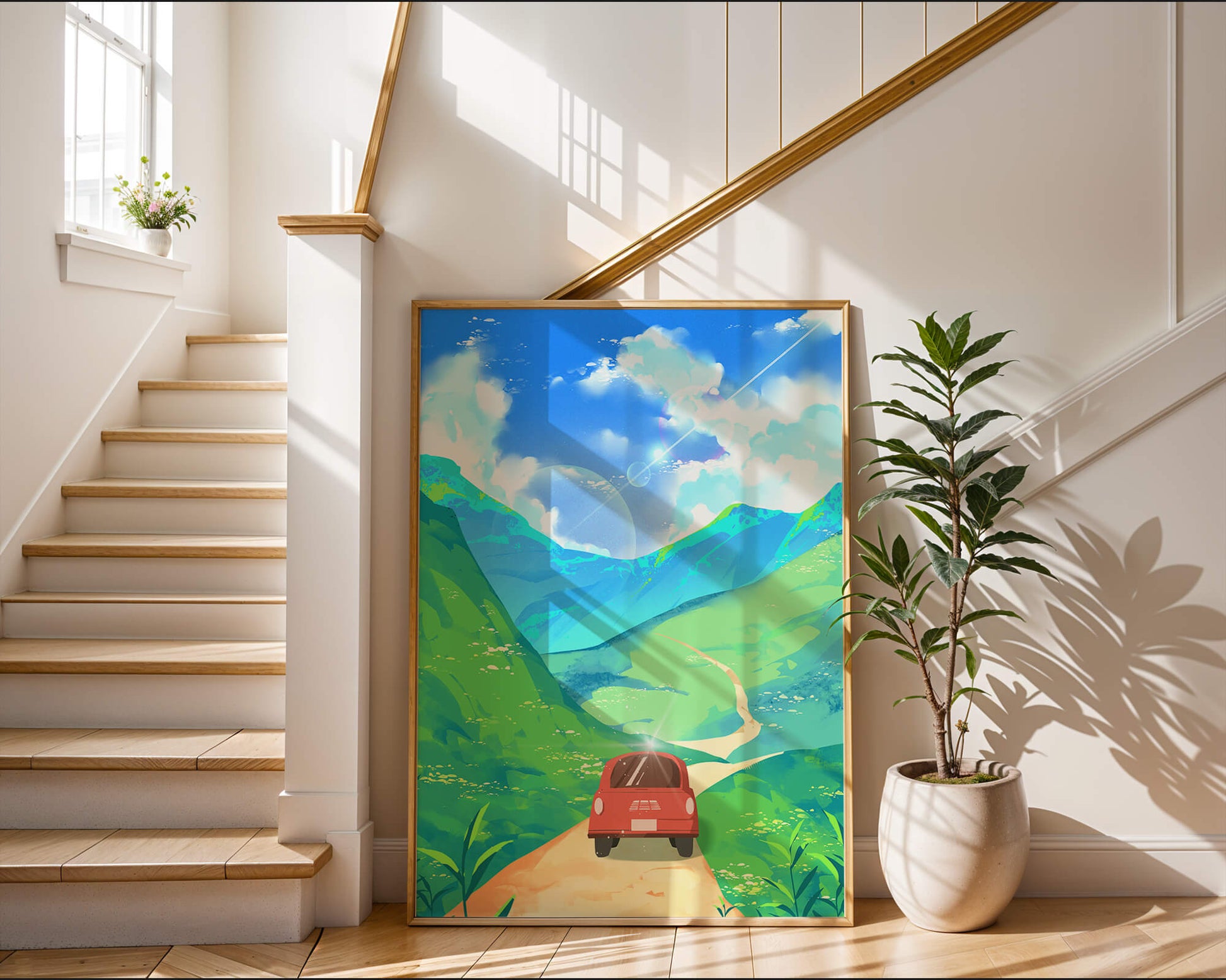 Red Car on a Scenic Road Through Green Hills Under a Vibrant Blue Sky