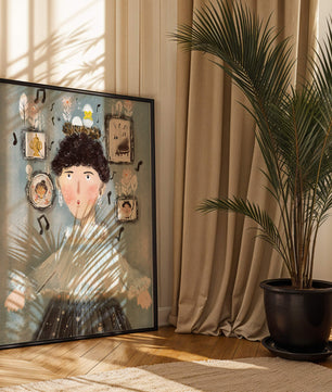Retrato ilustrado caprichoso con elementos musicales y dorados
