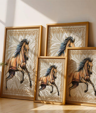 Elegant horse illustration with ornate golden frame