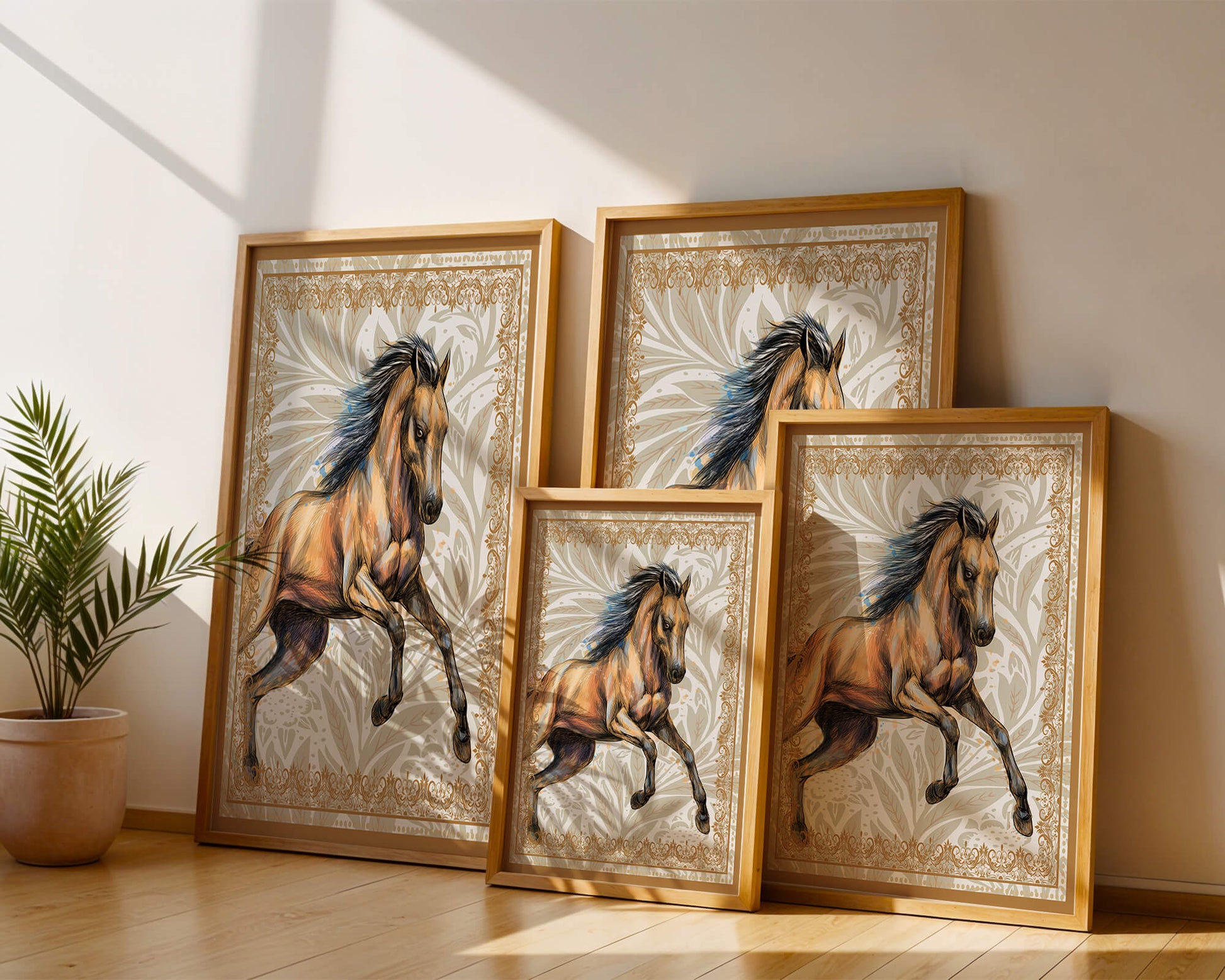 Elegant horse illustration with ornate golden frame