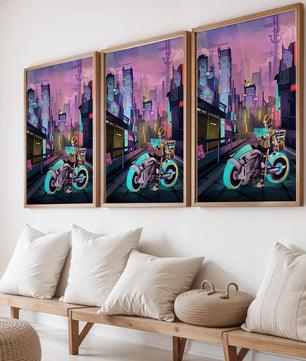 Futuristic Cyberpunk Cityscape with Neon Rider and Motorcycle
