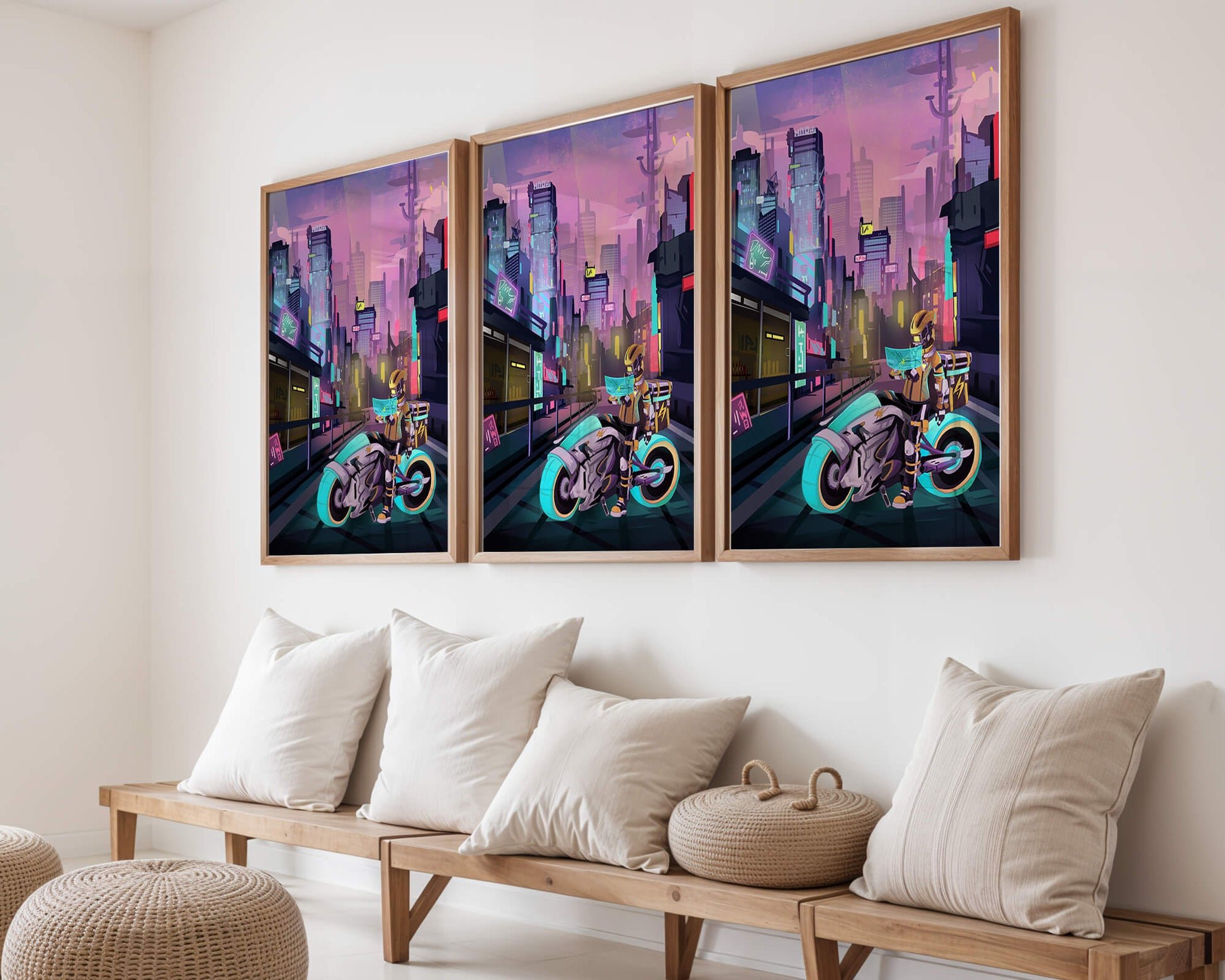 Futuristic Cyberpunk Cityscape with Neon Rider and Motorcycle