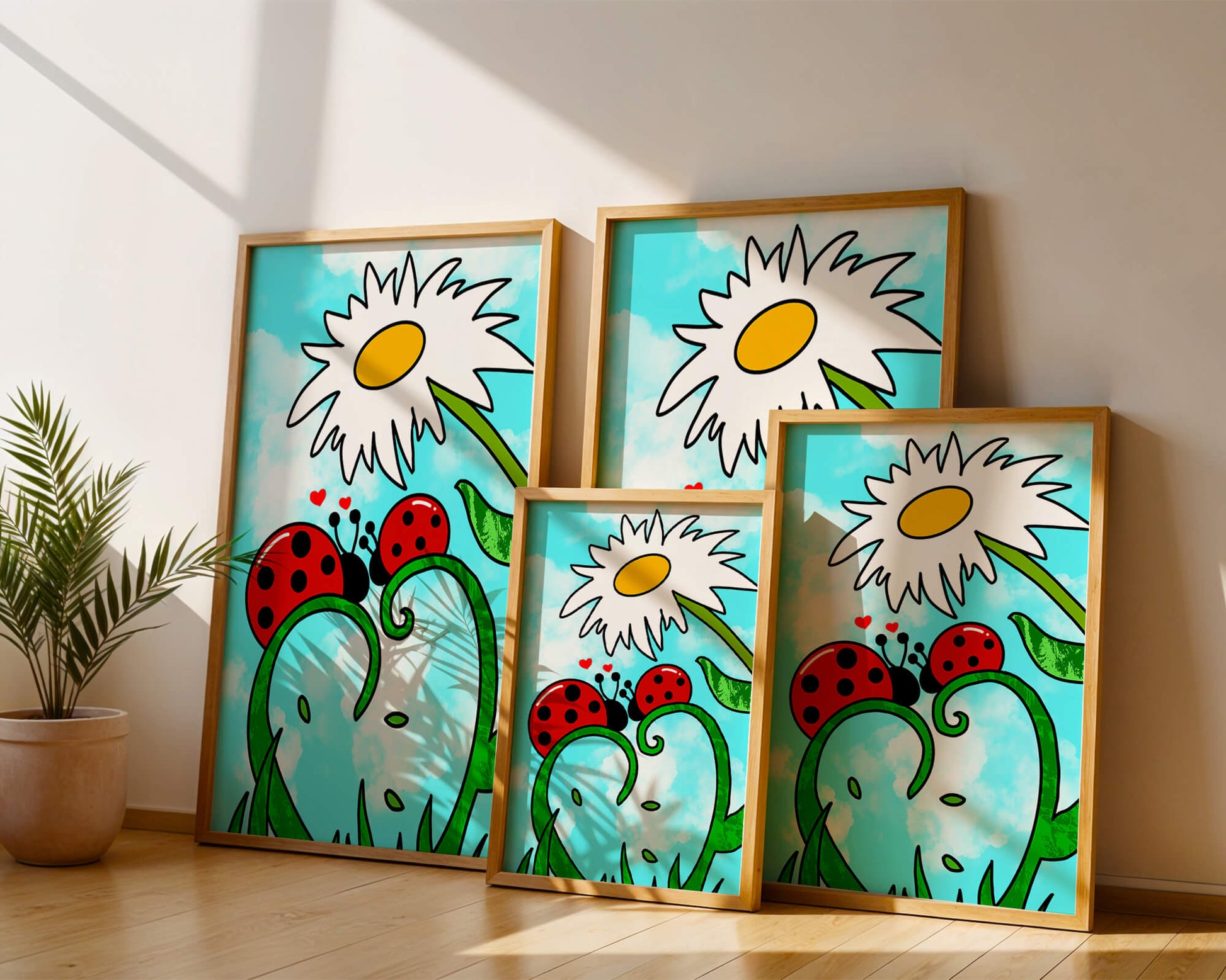 Ladybugs in love beneath a daisy on a bright sky