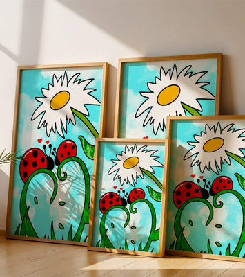 Ladybugs in love beneath a daisy on a bright sky