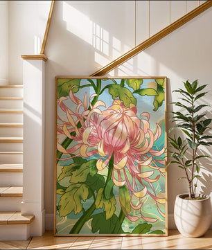 Belle illustration florale avec chrysanthème et feuilles vertes