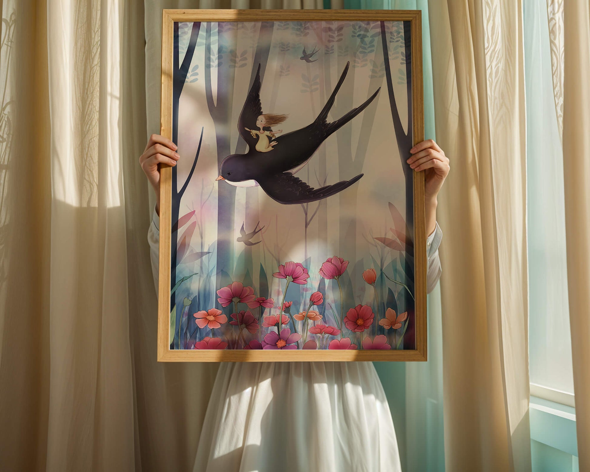 Enchanted forest with girl riding bird among vibrant flowers