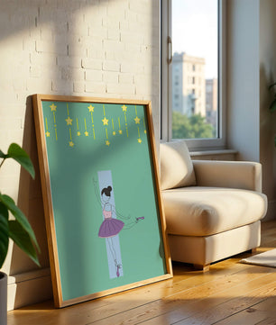Elegant ballerina illustration with stars on a teal background