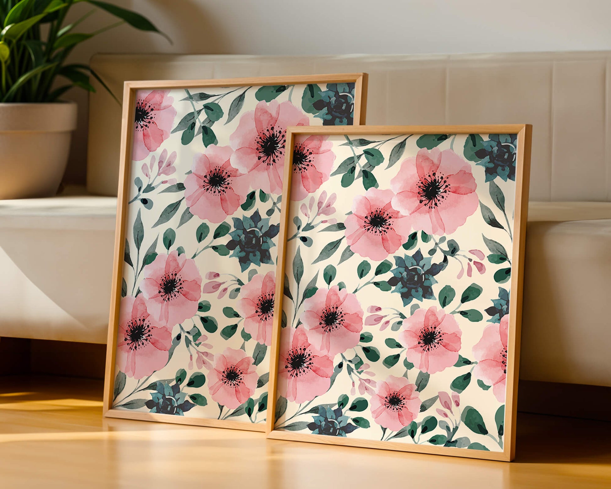 Floral Watercolor Pattern with Pink Flowers and Green Leaves