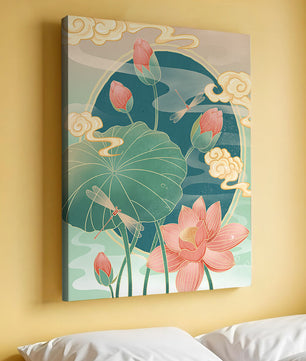 Ruhiges orientalisches Lotus-Design mit Libellen und Wolken