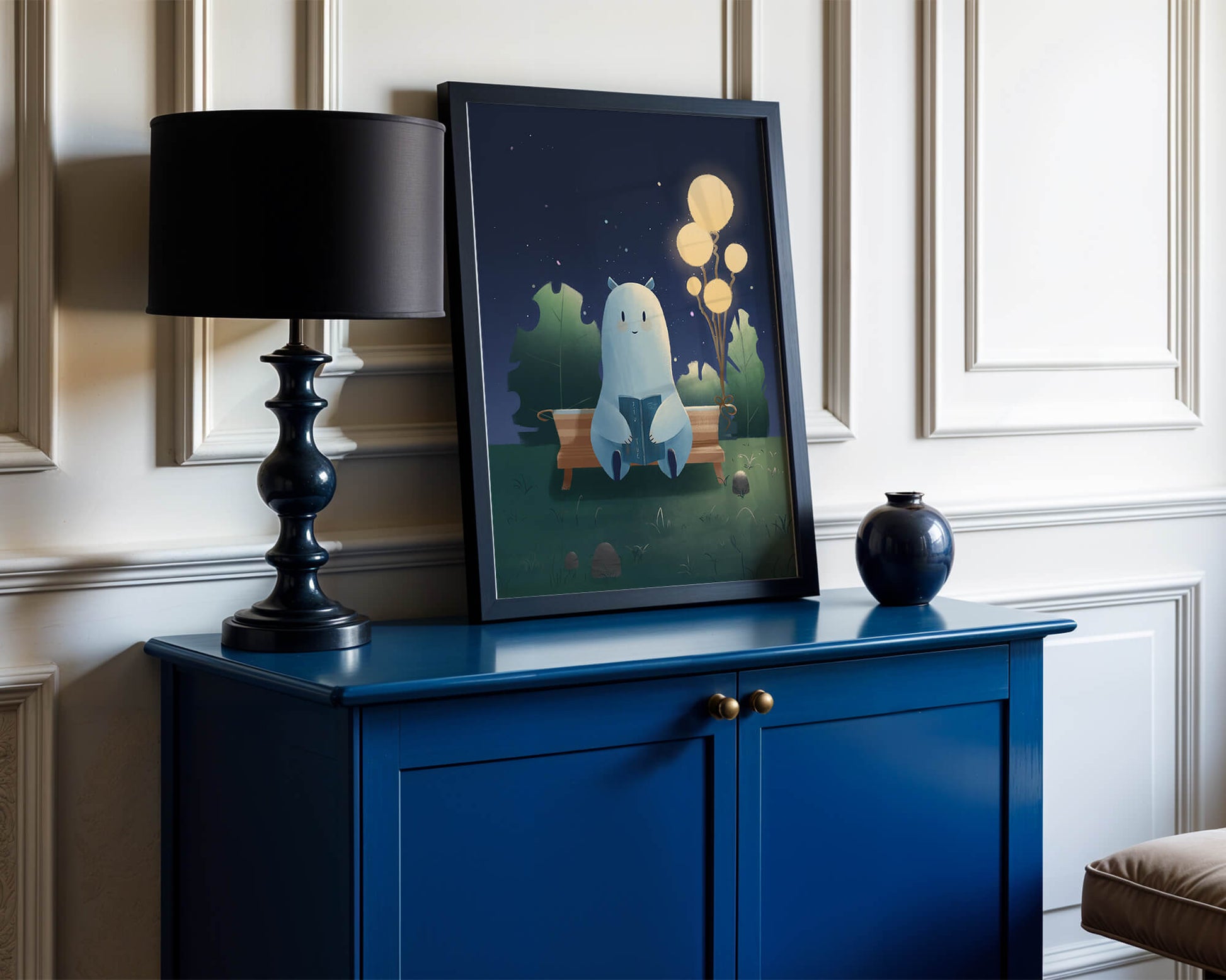 Cozy nighttime illustration with a creature reading under starry sky