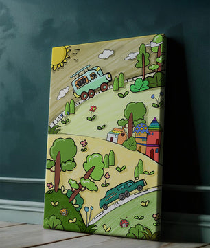 Colorful cartoon landscape with vehicles and nature scene