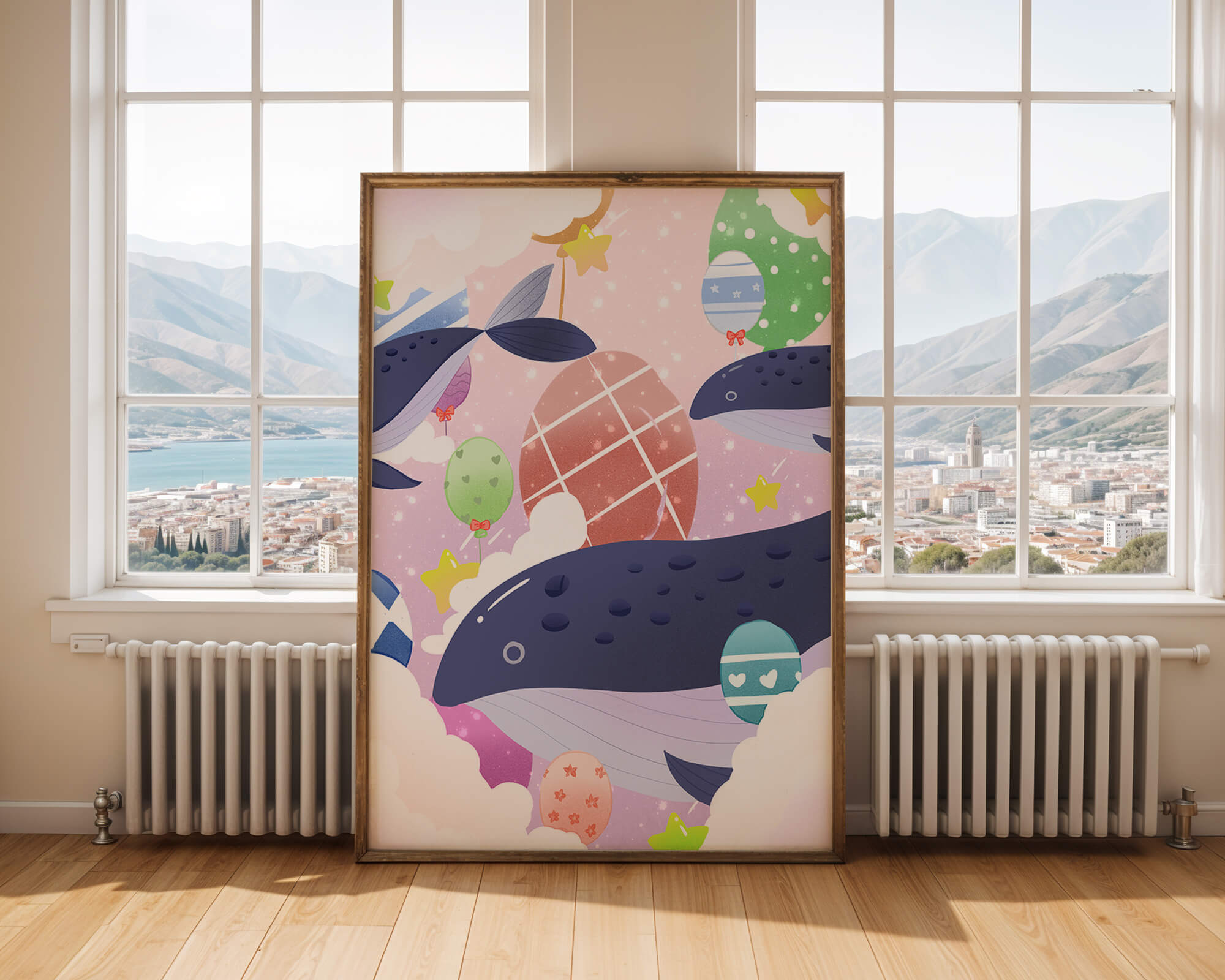 Whimsical illustration of whales and floating stars with colorful eggs