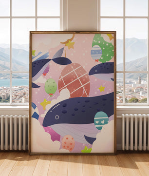 Whimsical illustration of whales and floating stars with colorful eggs