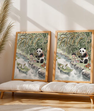 Escena caprichosa con un panda y un conejo junto al río