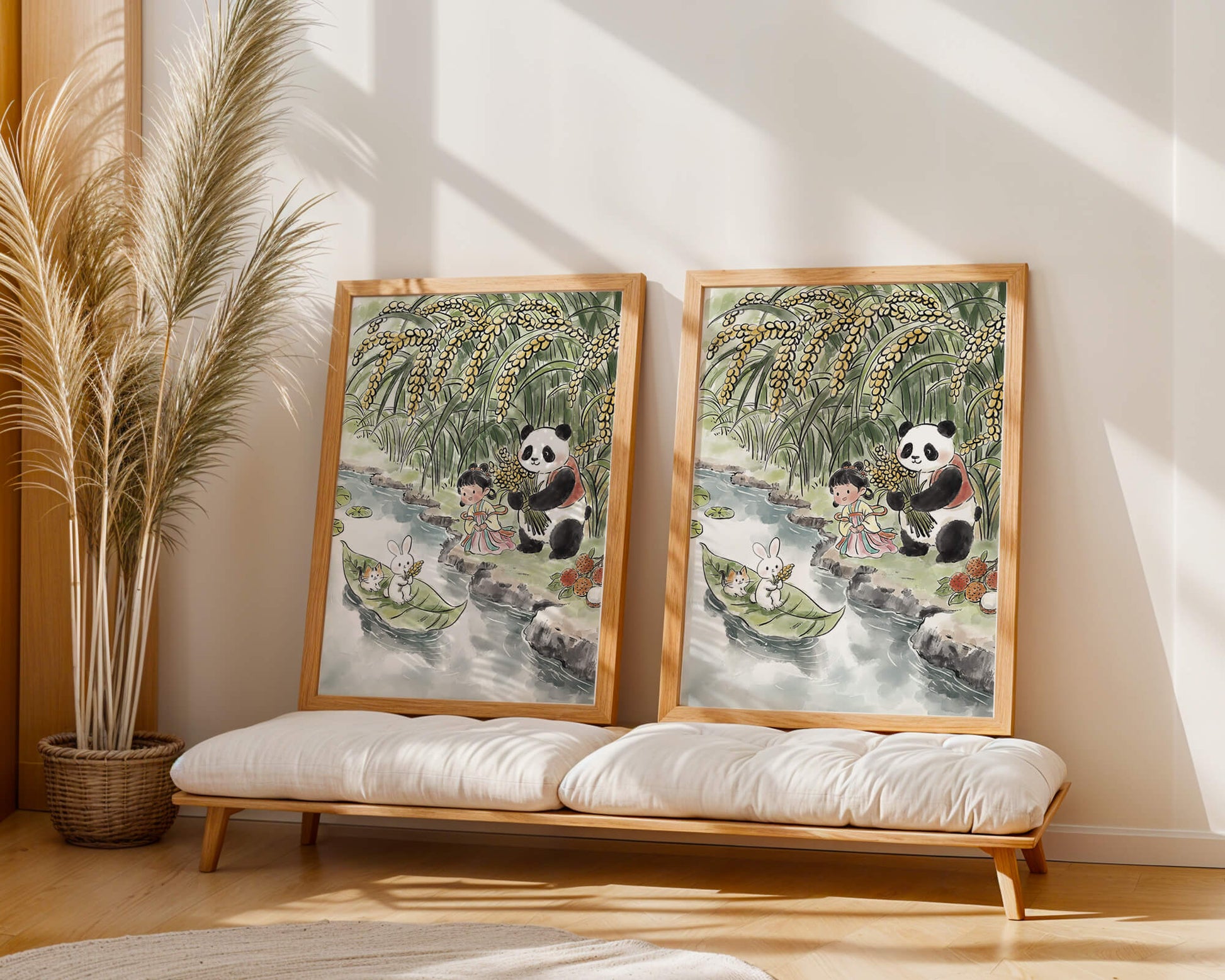Escena caprichosa con un panda y un conejo junto al río