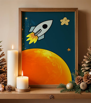 Cartoon Rocket in Space with Yellow Star