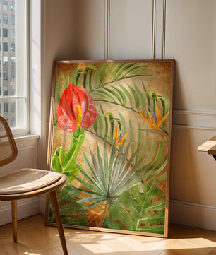 Colorful botanical illustration with tropical leaves on textured background