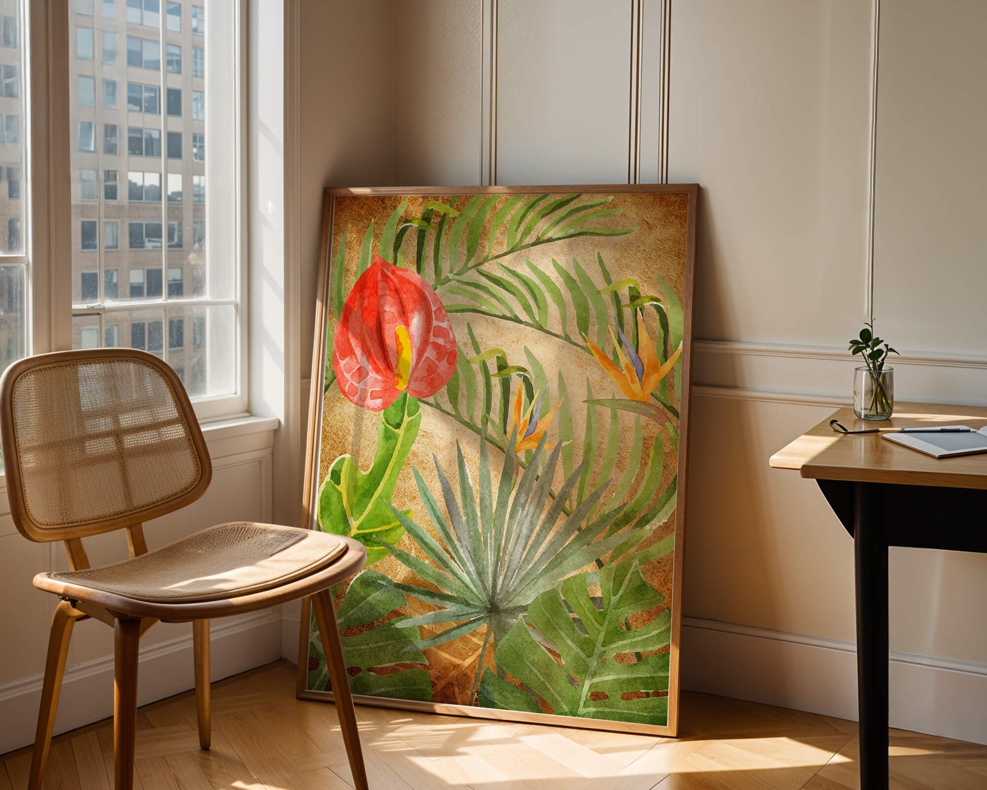 Colorful botanical illustration with tropical leaves on textured background