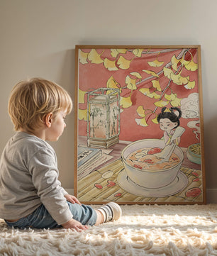 Charmante illustration d’un enfant avec un bol sous des feuilles d’automne