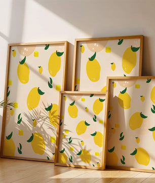 Playful lemon pattern with green leaves and abstract shapes