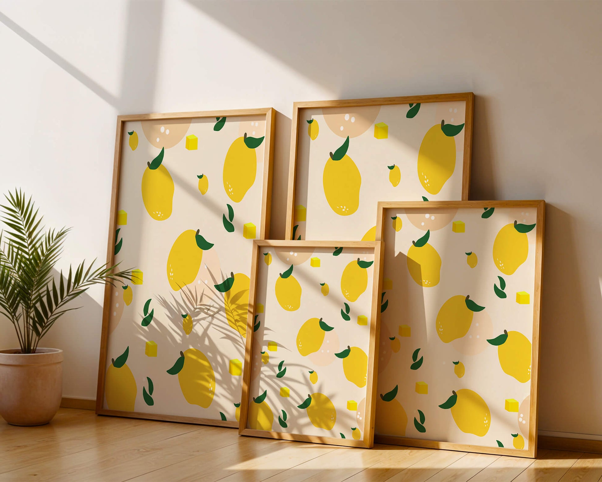 Playful lemon pattern with green leaves and abstract shapes