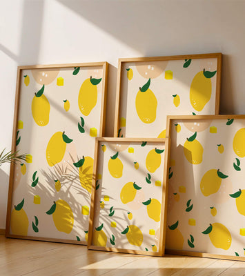 Playful lemon pattern with green leaves and abstract shapes