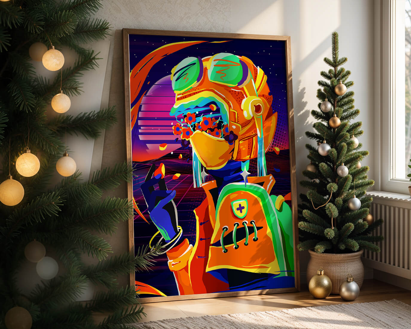 Vibrant futuristic illustration with a colorful character in helmet and flowers