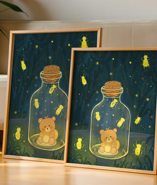 Charming teddy bear in a jar with glowing fireflies