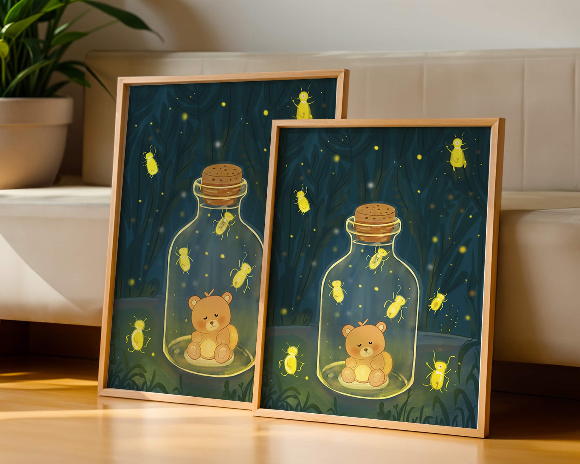 Charming teddy bear in a jar with glowing fireflies