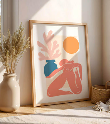 Abstract Nude Figure with Vase and Sun in Minimalist Style