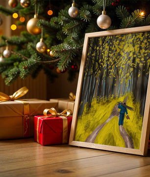 Man Walking Through a Sunny Forest with Golden Leaves