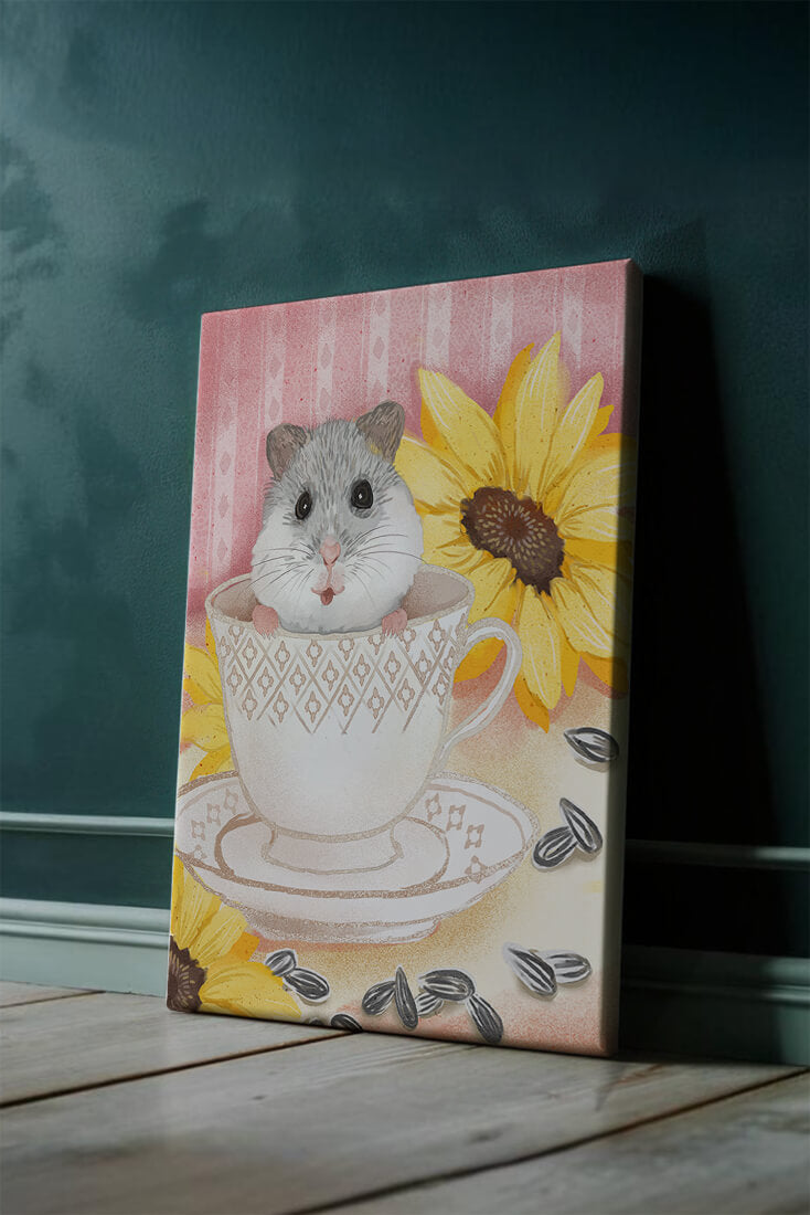 Adorable hamster in teacup with sunflowers and seeds