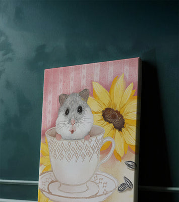 Adorable hamster in teacup with sunflowers and seeds