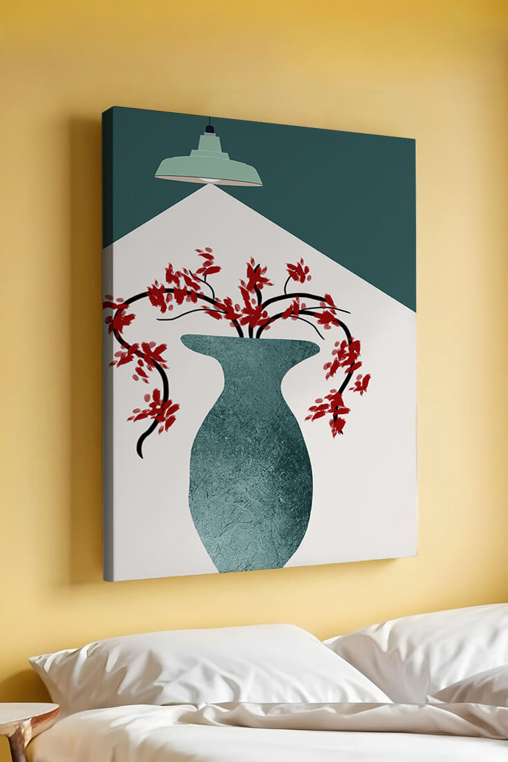 Modern Minimalist Vase with Red Flowers Under Green Lamp