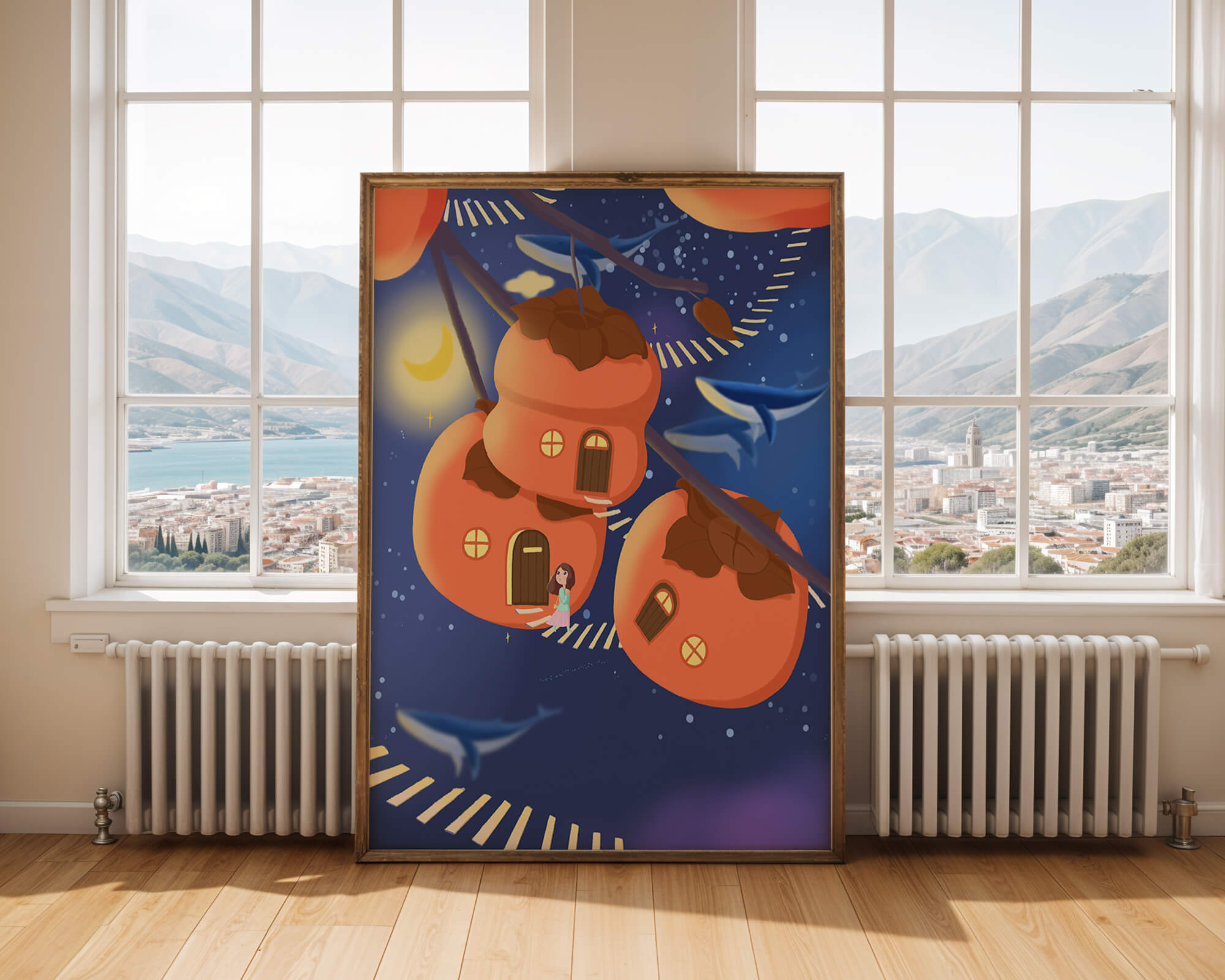 Whimsical night scene with floating persimmon houses and swimming whales