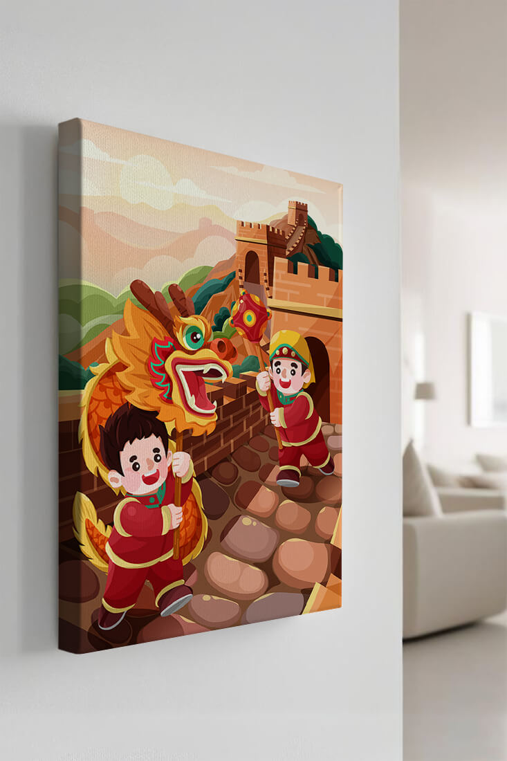 Children celebrating with dragon dance at the Great Wall