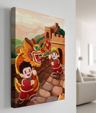 Children celebrating with dragon dance at the Great Wall