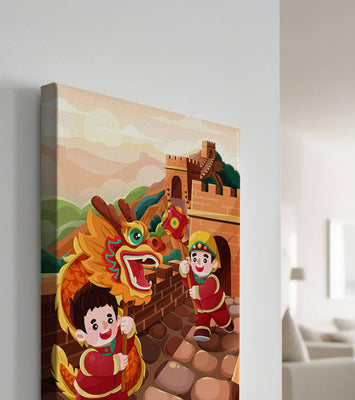 Children celebrating with dragon dance at the Great Wall
