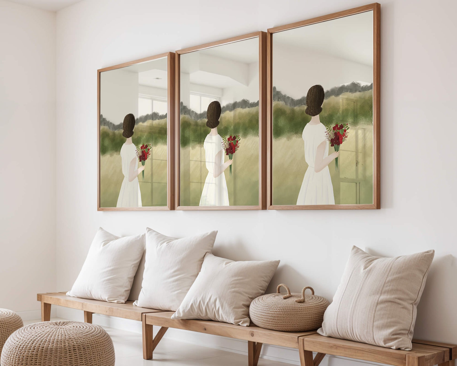 Woman in White Dress Holding Bouquet Facing Nature