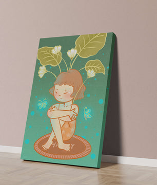 Ilustración de un niño con tocado floral y mariposas
