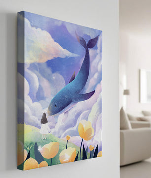 Paisaje surrealista con una ballena gigante y elementos caprichosos