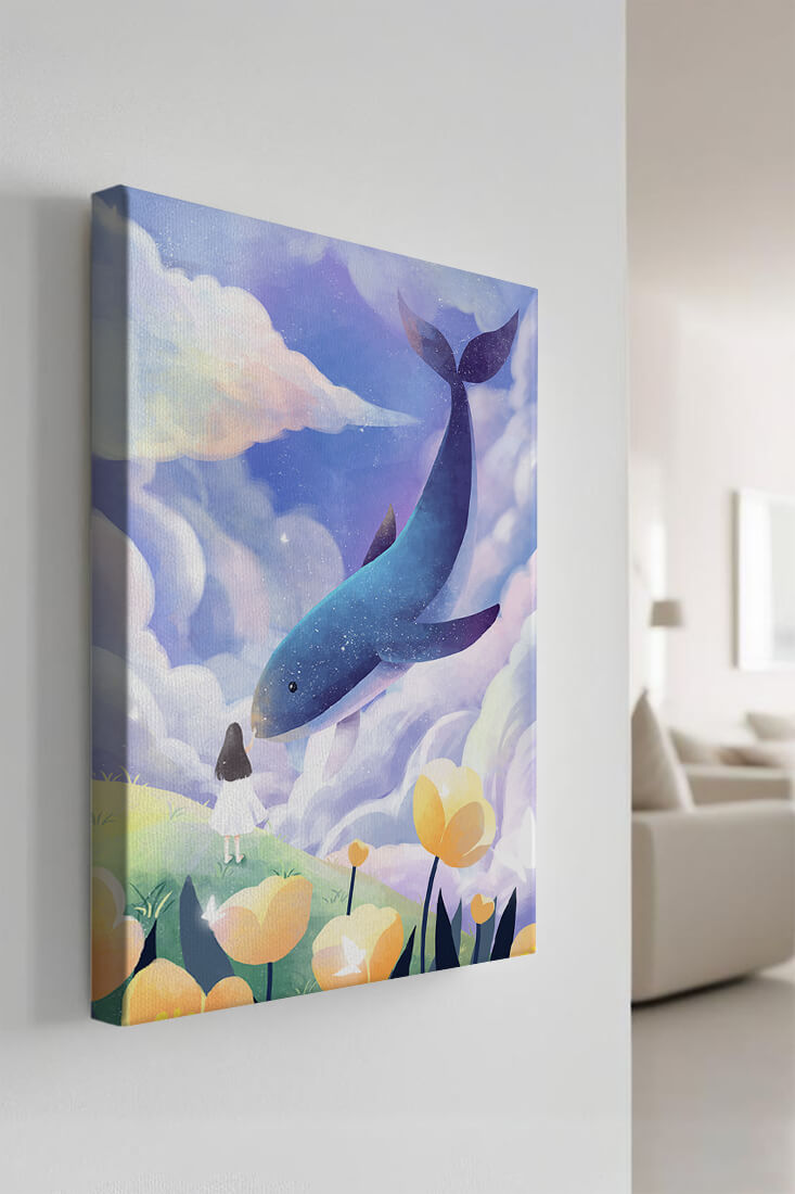 Paisaje surrealista con una ballena gigante y elementos caprichosos