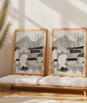 Serene mountain village ink painting with bridge and boat